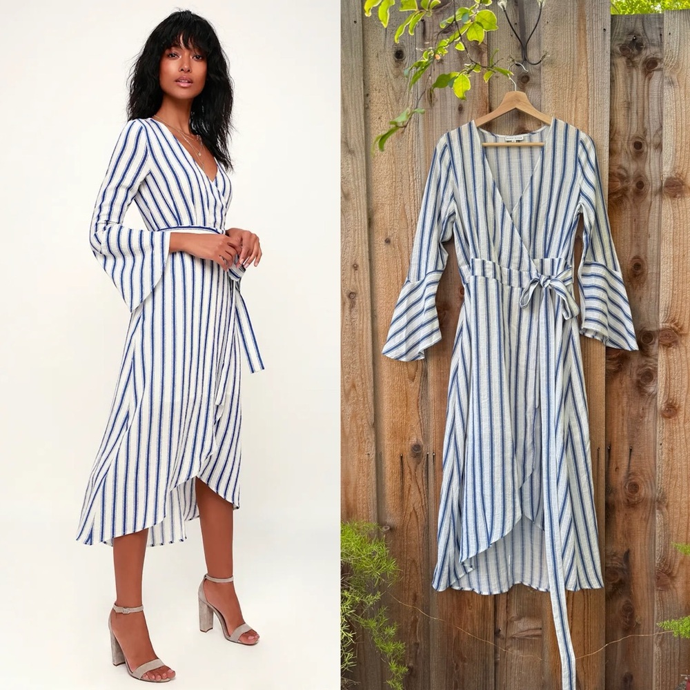 Rosso Blue and White Striped Flounce Sleeve High-Lo Wrap Midi Dress 🌿